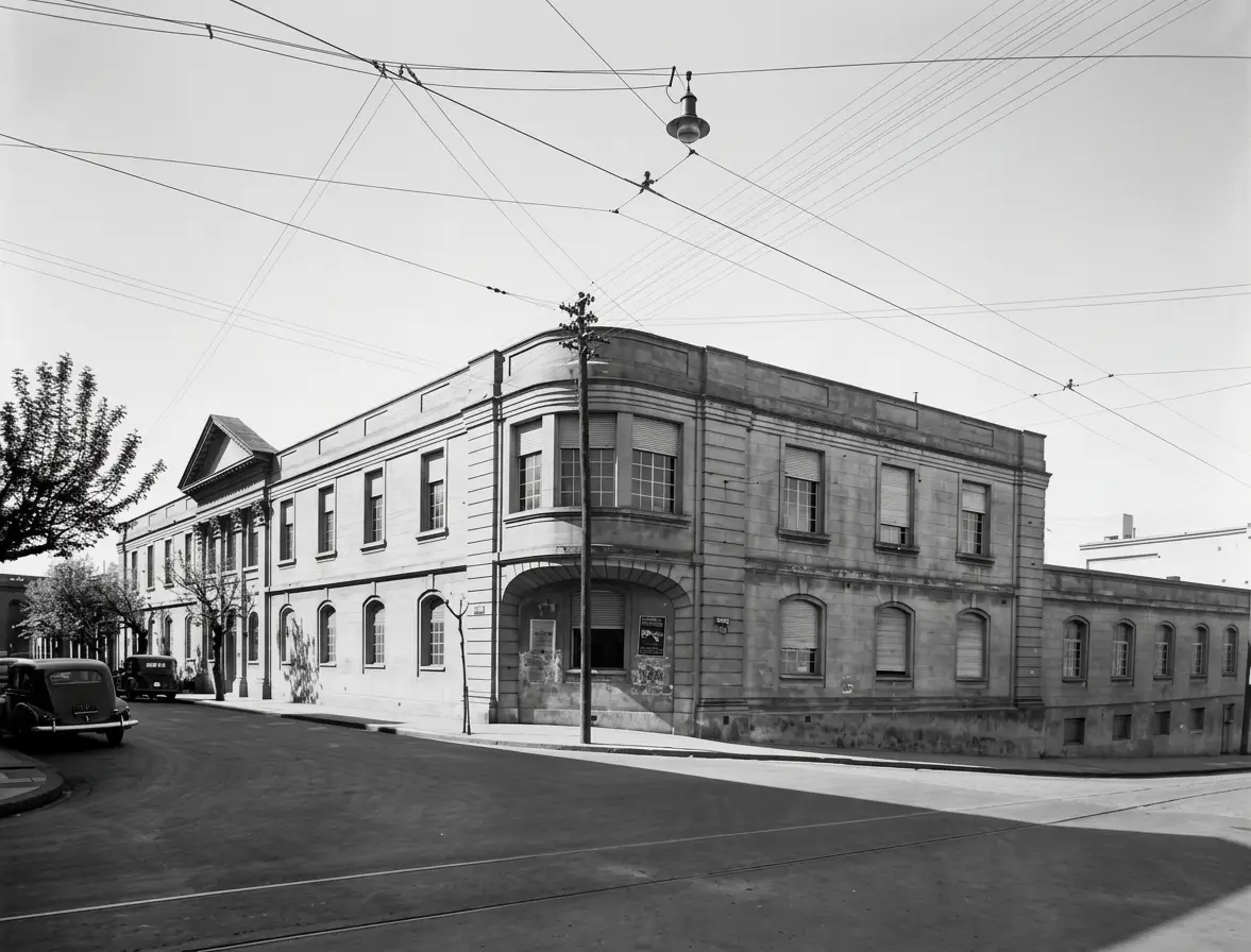 Foto en blanco y negro de la primera escuela del Patronato