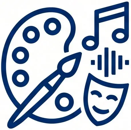 Una paleta y pincel, una nota musical y una máscara teatral